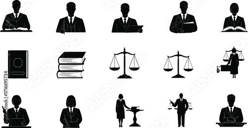 Legal icon set, justice symbols, lawyer silhouette, judge desk, courtroom elements, law book, scale, document, suit, gavel, podium, legal profession, judicial system, black and white, isolated, 