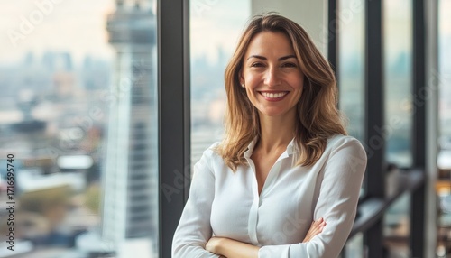 A woman with shoulder-length brown hair is smiling and standing with her arms crossed in front of a large window showing a blurred city view. Free Download A woman with shoulder-length brown hair is smiling and standing with her arms crossed in front of a large window showing a blurred city view. - GFXLoad