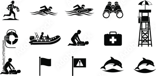Lifeguard rescue and beach safety icons set, swimming, CPR, lifebuoy, rescue boat, tower, first aid, dolphins, vector illustration