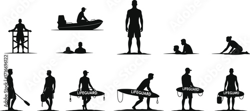 Lifeguard silhouettes, water safety, rescue tube, first aid, surfboard, lookout chair, rescue boat, emergency response, beach safety illustration