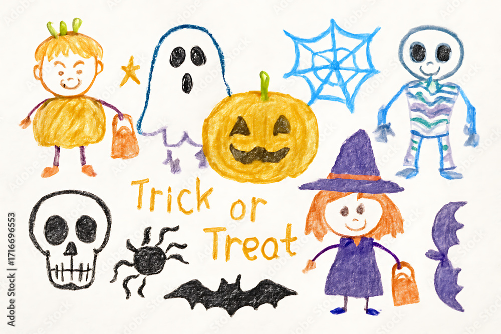 Obraz premium Cute kids crayon hand drawn icon background. Halloween. Carved pumpkin sketch. Kids playing Trick or Treat. Spider web. Bats. Vector illustration with kids crayons. Cute kids crayon doodle pattern.