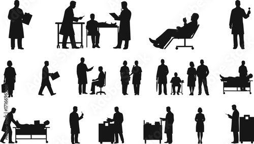Medical silhouettes of doctors, nurses, and patients in hospital, healthcare professionals consulting, examining, treating, and supporting people in clinical settings.