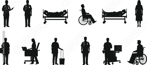 Medical staff and patient silhouette icons set, healthcare workers, doctors, nurses, wheelchair, hospital bed, medical equipment, vector illustration