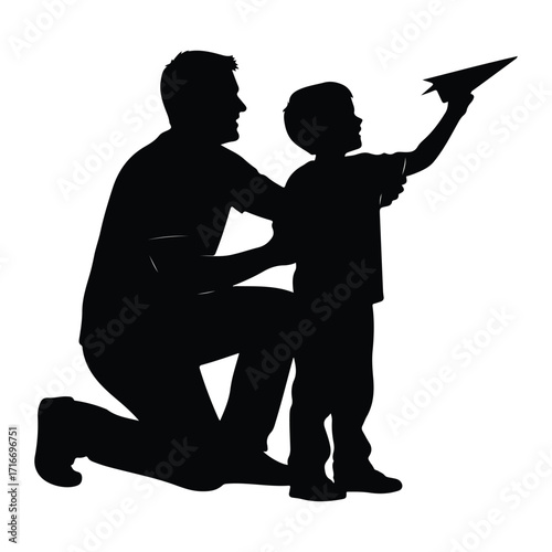 Father and son launching paper airplane child