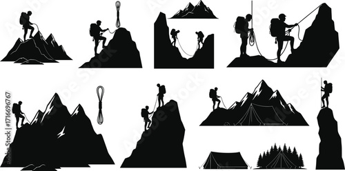 mountain climbing, rock climbing, mountaineering, hiker silhouette, adventure climbing, alpine expedition, outdoor sport, tent camp, rope gear