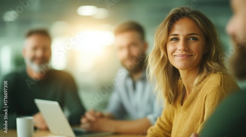 Wallpaper Mural Young woman smiling while engaging in a business meeting, actively listening and collaborating with her diverse team of colleagues, fostering a productive and positive work atmosphere Torontodigital.ca