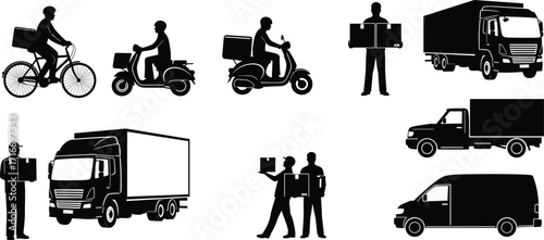 Silhouette delivery vehicles, courier on bike, scooter, van, truck, shipping service, transport icons, logistic concept, black white design