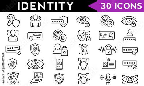 Identity set of web icons in line style. Authentication linear icons collection. Containing identification, passport, biometric, ID card, fingerprint, DNA. Editable stroke