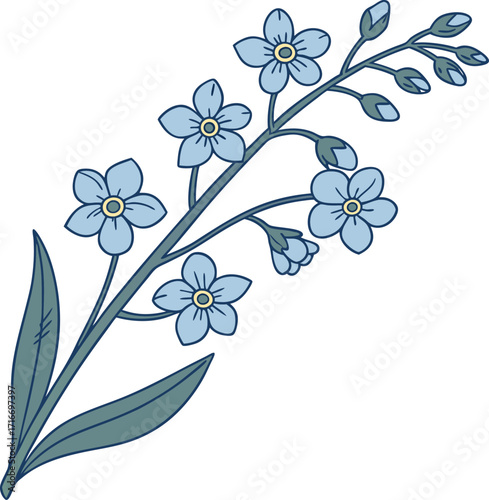 Delicate forget me not flowers line art with white background