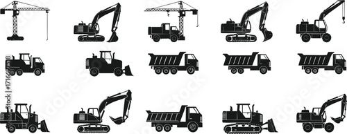 Silhouette illustration of construction vehicles, cranes, excavators, dump trucks, bulldozers, loaders, heavy machinery, industrial transport, building equipment set