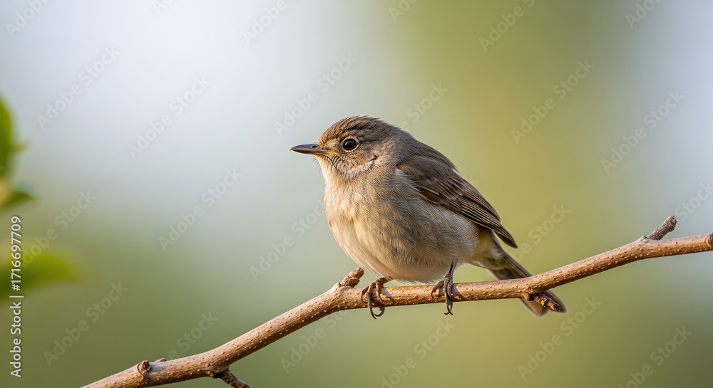 Fototapeta premium Small brown bird perched on a branch in soft light