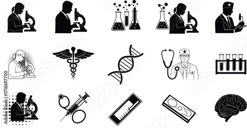 Silhouette illustration of medical science, laboratory research, doctor with microscope, DNA, brain, stethoscope, syringe, test tubes, healthcare symbols