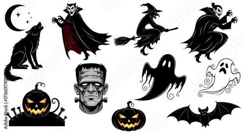 Collection of various Halloween characters and symbols including vampires, witches, ghosts, pumpkins, and a werewolf.