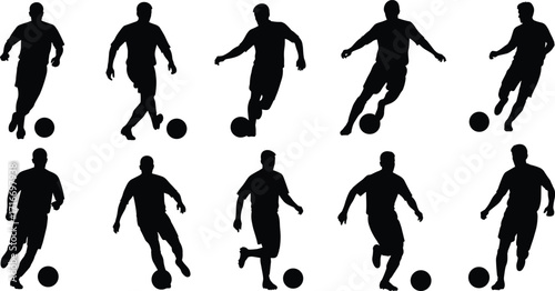 Silhouette soccer players in dynamic action poses with ball, isolated on white background, perfect for sports design, training, and illustration