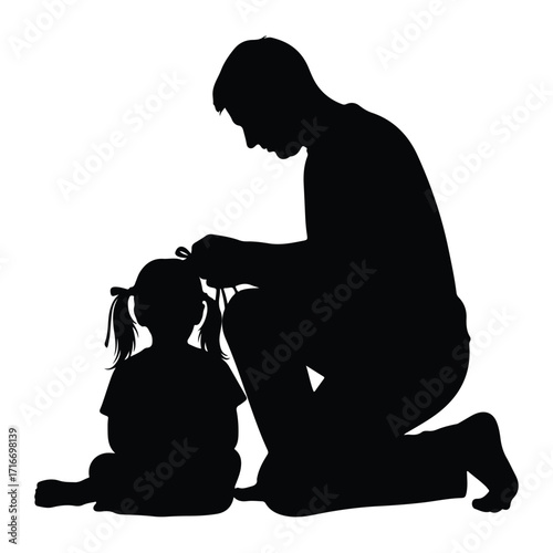 Father braiding daughters hair pigtails