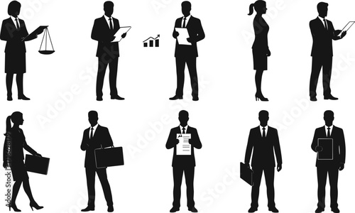 Silhouettes of business professionals, men and women, working, legal, finance, technology, consulting, teamwork, decision-making, corporate roles, diversity, leadership