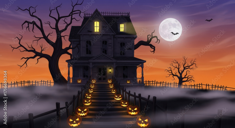 Fototapeta premium Spooky Halloween haunted house at dusk with glowing lanterns and fog with orange and purple sky