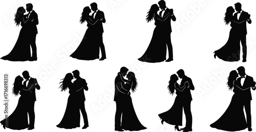 Silhouettes of elegant dancing couples in formal attire, ballroom dance, romantic poses, wedding celebration, artistic movement, graceful performance, romance, love