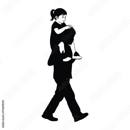 Father carrying daughter on shoulders walking