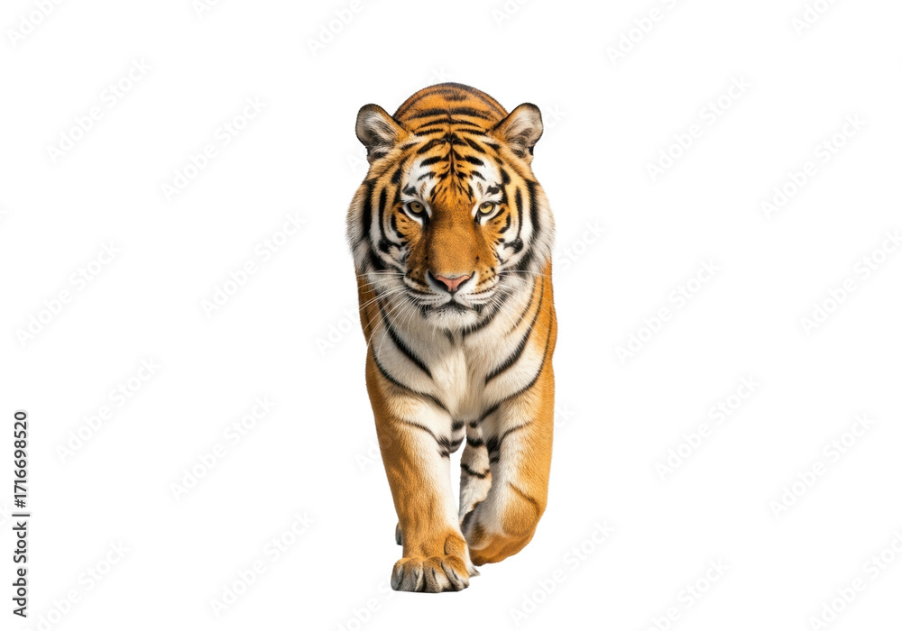 Obraz premium A majestic adult siberian tiger, vibrant orange fur, bold black stripes, walking forward with intense eye contact, transparent studio background, copy space, powerful predator concept