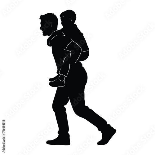 Father carrying son on shoulders silhouette piggyback