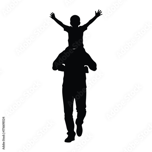 Father carrying son with arms raised shoulders raised arms