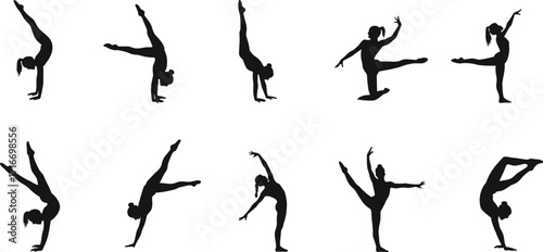 Silhouettes of person performing gymnastics and dance poses, showcasing flexibility, balance, and strength, isolated on white background