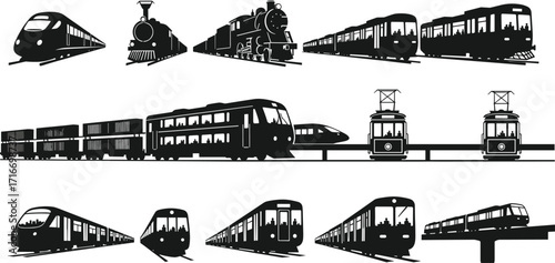 Train silhouette vector set, steam engine, high-speed rail, metro, tram, commuter transport, black white illustration, railway collection