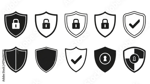 Black Silhouette Security Shield Icon Set – 10 Protection Guard Safety Badge Symbols