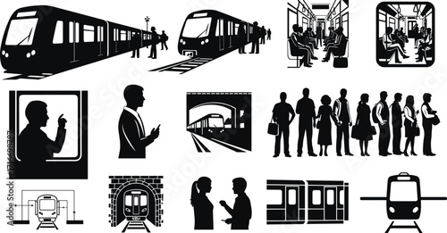 Train travel silhouette set, passengers, subway, metro, tunnel, public transport scenes, black white vector illustration, commuting lifestyle