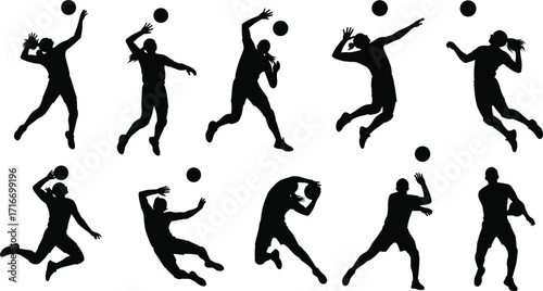 Volleyball silhouettes, jump spike, serve action, athletic pose, sports movement, dynamic player, volleyball game, silhouette athlete, hitting ball, teamwork