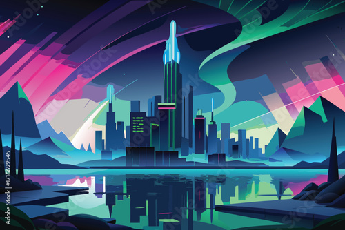 Vector art of a futuristic city skyline with aurora borealis reflected in the water at night in a vibrant landscape