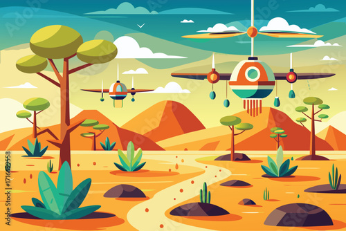 Vector art of a futuristic desert landscape with flying drones and unique trees under a blue sky and white clouds