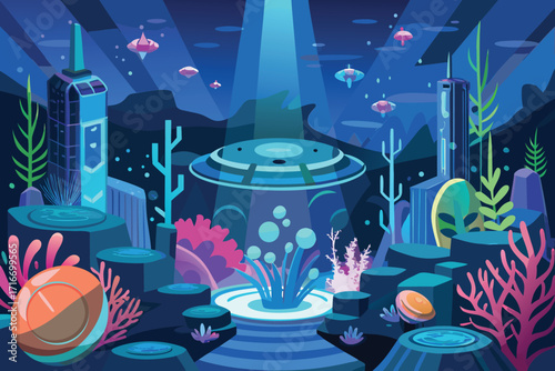 Vector art of an underwater city with futuristic buildings, alien plants, and ufos under a mysterious, glowing light
