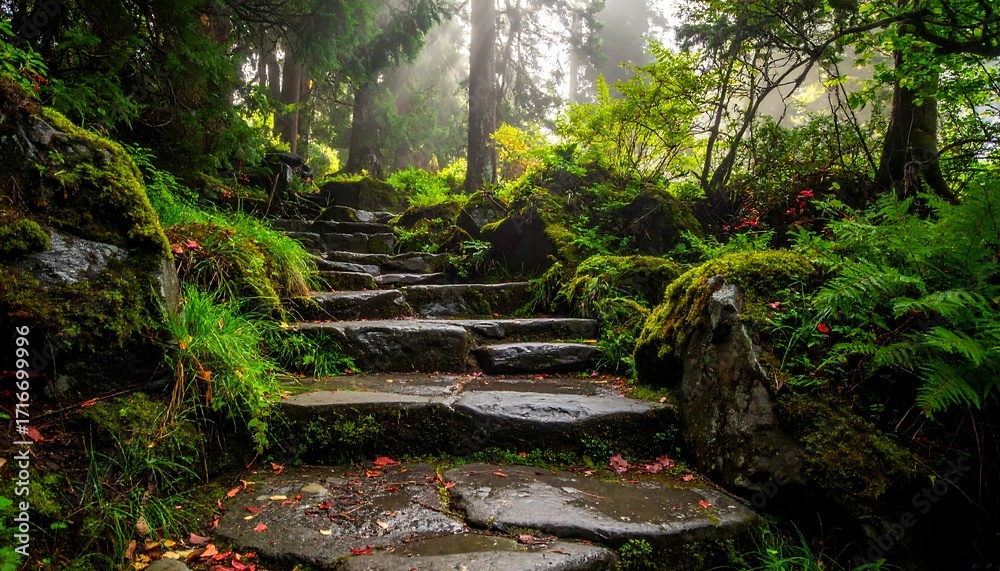 Fototapeta premium Misty forest path with stone steps