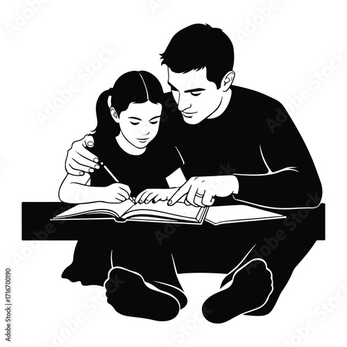 Father teaching daughter reading book learning