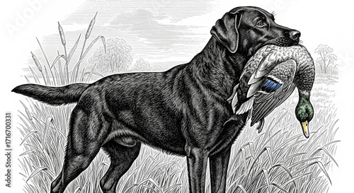 Vintage Hunting Dog with Duck in Mouth - Black Labrador Retriever Engraving Style Vector Illustration