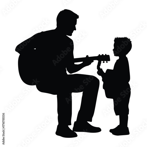 Father teaching son guitar silhouette