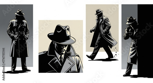 Mafia and Detective Silhouette Vector Set in Trench Coat and Fedora Hat - Noir Style Spy Figure Icons