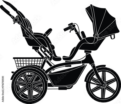 Twin baby stroller silhouette, double child transport, modern parenting gear, vector illustration, black and white design, family mobility solution, parent travel equipment