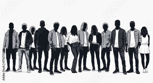 Silhouette Illustration of Group of People in Casual Urban Fashion - Vector Crowd Design
