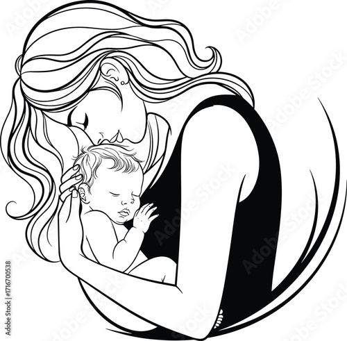 Mother holding sleeping baby, tender embrace, maternal love, nurturing care, black and white vector illustration, family bond, emotional connection, parenting moment