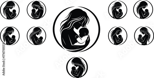 Mother breastfeeding baby silhouette, maternal care symbol, nursing mother icon, vector illustration, black and white design, parenting love, family bond, health and wellness