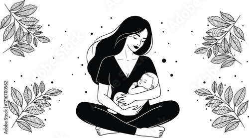 Mother holding newborn baby, peaceful breastfeeding moment, maternal love, nurturing care, vector illustration, black and white design, family bond, parenting emotion