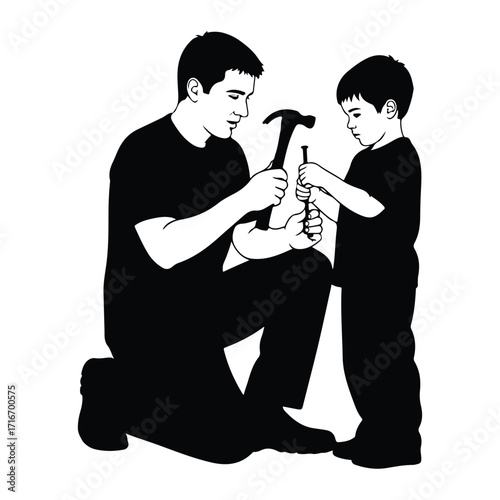 Father teaching son to hammer nail learning hammering