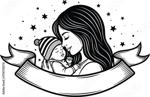 Mother holding sleeping baby, tender love moment, motherhood illustration, parent child bond, black and white vector art, family affection, nurturing care, peaceful night,