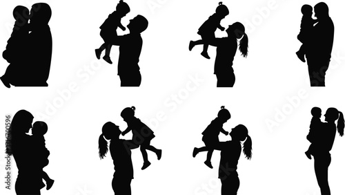 Mother holding child silhouette, loving embrace, parent and kid, family bond, motherhood, parenting, cute baby, affection, care, happy moments, vectorillustration, black and white, emotionalconnection