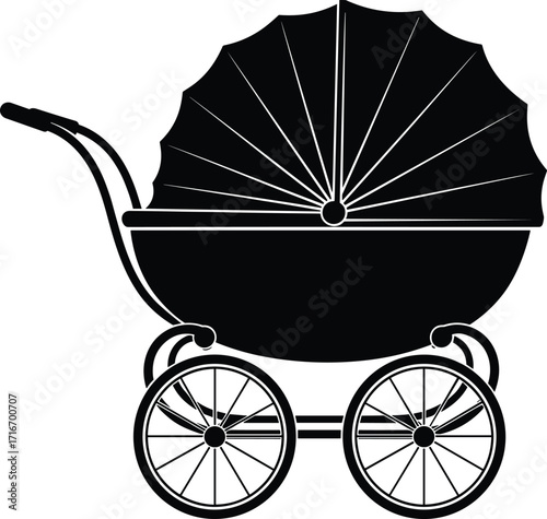 Classic baby carriage silhouette, vintage stroller design, retro infant transport, black and white vector illustration, parenting symbol, nursery icon, baby care equipment