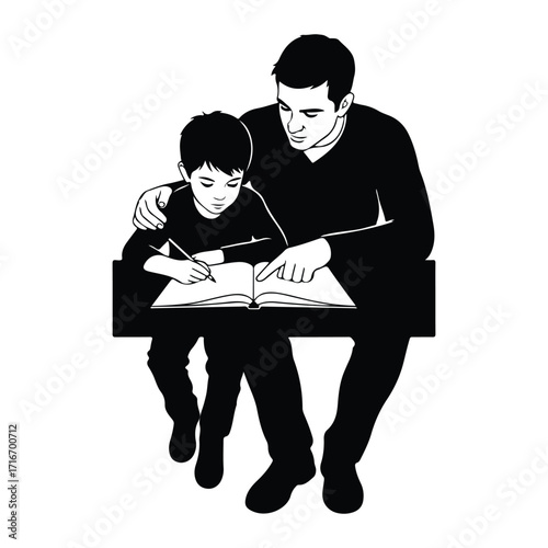 Father teaching son writing in book vector