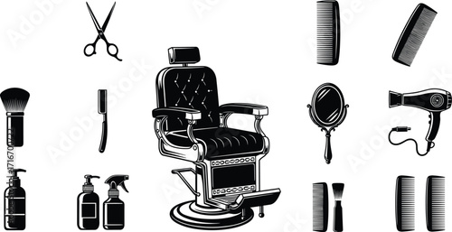 Barber shop tools and chair, vintage grooming set, hairdressing equipment, salon accessories, barber essentials, black and white vector illustration, professional styling,